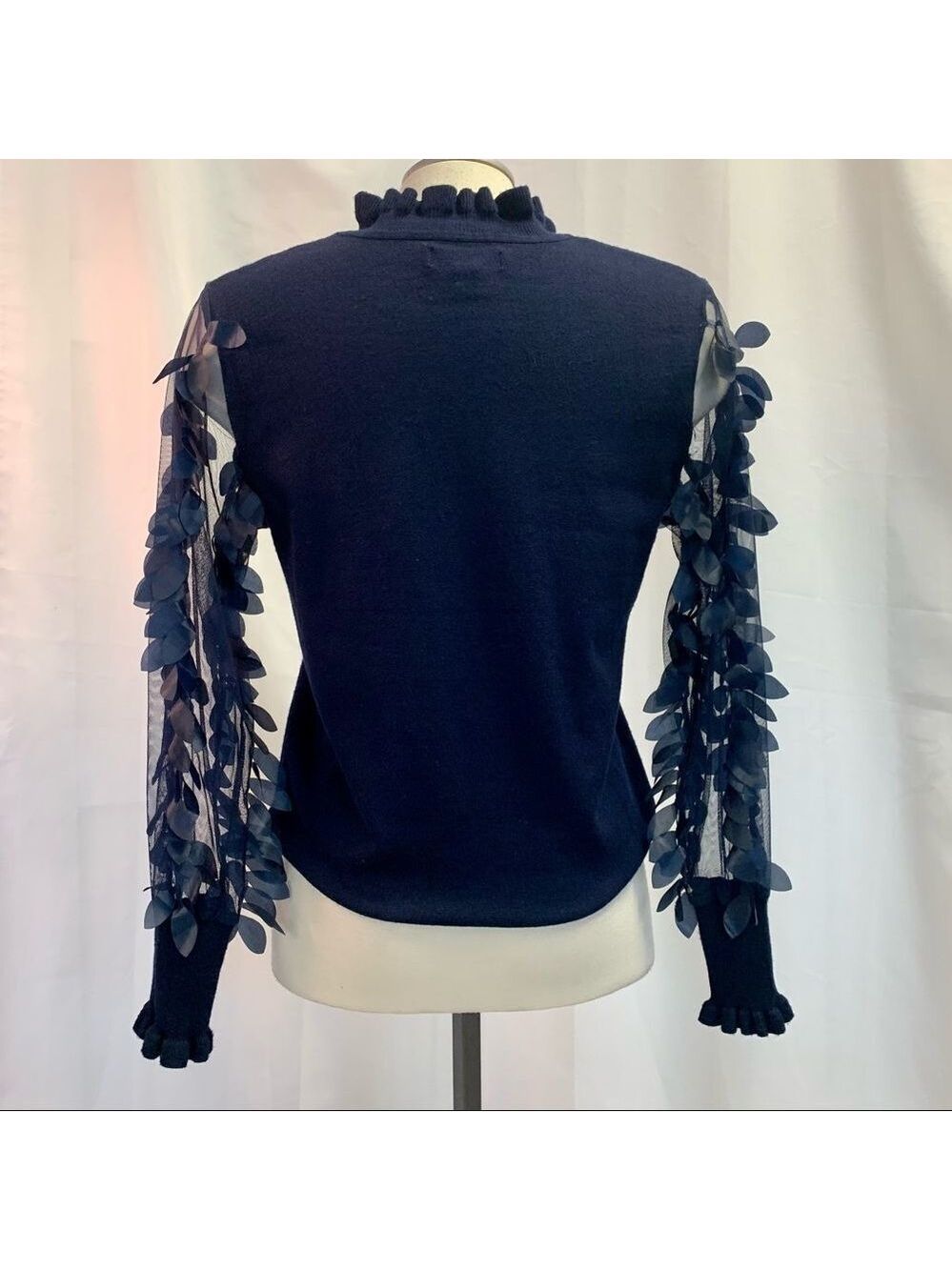 WILD Flower navy Leaf Mesh Sleeves Jumper Sz XS - Picture 6 of 12